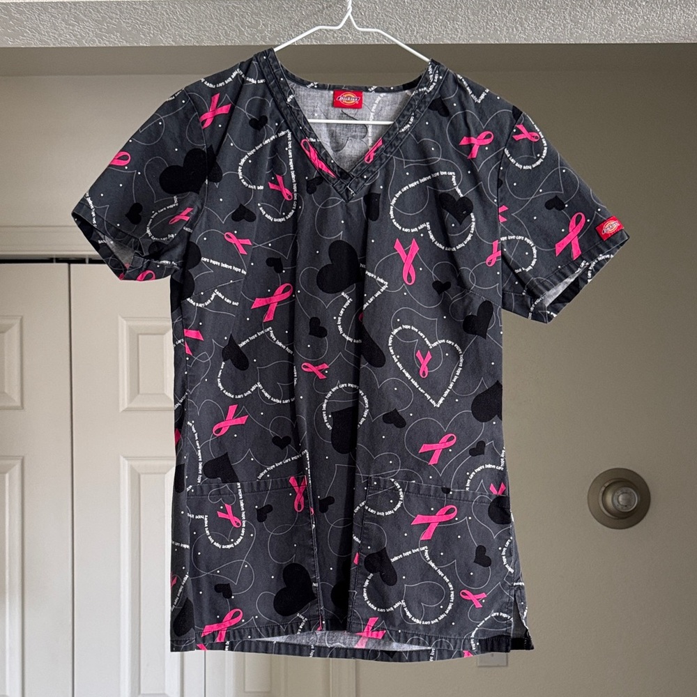 Dickies Black Scrub Top with Pink Ribbon & Heart Print